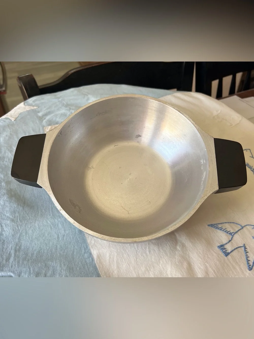 Vintage Silver Hammered Aluminum Covered Skillet with Black Handles
